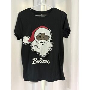 Zoe + Liv Black Santa Believe Graphic T-Shirt Christmas Holiday Women L WC0038